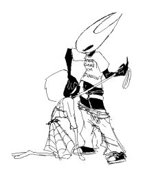 anthro arthropod black_and_white bottomwear bottomwear_down clothed clothing collar dress duo female female/female footwear genitals hand_on_head holding_leash holding_object hollow_knight hollow_knight:_silksong hollow_knight_(franchise) hornet_(hollow_knight) insects kneeling kneeling_oral_position lace_(hollow_knight:_silksong) leash licking mask monochrome narrowed_eyes objectfucker oral pants pants_down partially_clothed penile penis penis_lick sex shirt shoes squint strapon t-shirt team_cherry tongue topwear