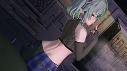 1girls 3d 3d_(artwork) 3d_model arm_up ass ass_focus bare_shoulders bedroom_eyes behind_view big_ass big_breasts breasts collar detached_sleeves elbow_gloves female female_only finger_to_mouth fingerless_gloves fishnet_armwear fishnet_shirt fishnet_topwear fishnets from_behind froot fuck_me_eyes gloves goth goth_girl green_eyes green_hair grey_hair hairclip horn_piercing horns indie_virtual_youtuber koikatsu large_ass looking_at_viewer looking_back multicolored_hair naughty_face painted_nails pale-skinned_female pale_skin petite playful pointy_ears pose posing purple_nails seductive seductive_look seductive_pose seductive_smile sexy sexy_pose short_hair shorts sitting slim_waist smile solo spiked_collar virtual_youtuber vtuber wickafterdark wide_hips