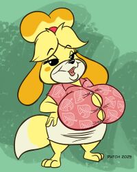 1girls animal_crossing anthro ass blonde_hair breasts canine canine_humanoid cleavage dutch_(artist) female female_focus female_only furry hair_tie hand_on_hip hips isabelle_(animal_crossing) large_ass large_breasts nintendo shortstack skirt thick_thighs thighs wide_hips woman yellow_fur