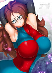 1girls abs android_21 android_21_(human) armpit armpits arms_up ass auburn_hair belly blue_background blue_eyes blush brown_hair dragon_ball dragon_ball_fighterz earrings female female_only fully_clothed glasses gloves keiryu long_hair looking_at_viewer navel smile solo teeth text