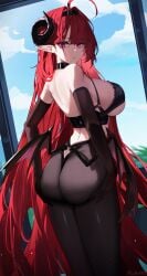1girls absurdres ahoge ass azur_lane back_cutout bare_back bare_shoulders black_choker breasts brown_gloves brown_pantyhose choker closed_mouth clothing_cutout curled_horns demon_girl demon_horns demon_wings elbow_gloves expressionless female female_only frills from_behind gloves hairband hands_on_own_ass highres hindenburg_(azur_lane) horns iron_blood_(azur_lane) large_breasts light-skinned_female light_skin long_hair looking_at_viewer looking_back low_wings maanu median_furrow midriff mole mole_under_eye pantyhose pink_eyes pointy_ears red_hair revealing_clothes solo standing thighs underboob very_long_hair wings