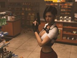 3d 3d_(artwork) absurd_res absurdres black_hair cleavage emotionless emotionless_female expressionless female_only fingerless_gloves glock glock_17 gothic high_resolution highres holding_gun holding_pistol indifferent large_breasts large_tits lip_piercing miniskirt nameless_character natshirayuki navel parody plaid_miniskirt plaid_skirt resident_evil short_hair short_skirt skirt source_request standing tartan_skirt tomboyish tubetop unbothered unnamed_character
