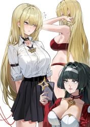 2girls alternate_costume alternate_hairstyle aroused_nosebleed astra_yao black_choker black_hair black_skirt blonde_hair blood bra breasts choker cleavage collared_shirt commentary earrings embarrassed evelyn_chevalier female female_only female_pervert flying_sweatdrops hair_down hairband holding holding_phone jacket jewelry large_breasts long_hair maanu multiple_girls necklace nosebleed panties pearl_necklace pervert phone pleated_skirt purple_eyes red_bra red_eyes red_jacket red_panties shirt skirt symbol-only_commentary taking_picture underwear very_long_hair white_hairband white_shirt yuri zenless_zone_zero