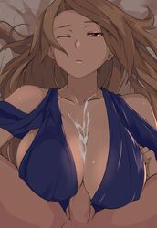 1boy artist_name bare_shoulders big_breasts blue_dress breasts brown_hair cafekun clothed_female_nude_male cum cum_between_breasts cum_on_body cum_on_breasts cum_on_upper_body dress emotionless expressionless female granblue_fantasy highres katalina_aryze large_breasts long_hair looking_at_viewer lying nude on_back one_eye_closed paizuri paizuri_under_clothes penis pov red_eyes straddling straddling_paizuri straight sweat testicles