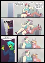aarondrawsarts accessory anthro antlers apartment ass avian avian_feet beak bear bird blonde_hair bottomwear breaking_door breasts brown_body brown_fur casual_nudity clothed clothed/nude clothing comic contact_onomatopoeia convenient_censorship crocs deer dialogue emanata english_text excited eyeshadow feathers feet female footwear fur furniture green_body green_eyeshadow green_feathers green_hair hair happy_nude_deer hat head_on_lap headband headband_only headgear headwear hi_res holding_money holding_object holidays hooves horn impact_onomatopoeia kello_(lewdles) kicking_door living_room makeup male mammal money motion_lines new_year nipples nonbinary_(lore) nude nude_female on_lap onomatopoeia parrot patrigue polar_bear sam_(lewdles) shirt shorts smashing sofa sound_effects sparkles speech_bubble startled tail tail_motion tailwag talon_hands talons tank_top teal_hair text toes topwear trans_(lore) ursine white_body white_fur