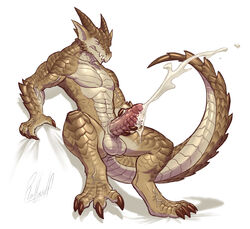 abs anthro balls biceps big_penis brown_scales brutus_(pyronite) claws clenched_teeth closed_eyes cum cum_on_penis cumshot dragon ejaculation erection horn male male_only masturbation muscular muscular_male open_mouth orgasm orgasm_face pecs penis ridged_penis rollwulf scales signature simple_background sitting solo spines teeth uncut vein veiny_penis white_background