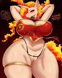 1_horn 2026 4:5 absurd_res anthro artist_name asian_clothing big_breasts blush breasts chinese_clothing chinese_dress choker cleavage_cutout clothing crotchless_clothing crotchless_panties crotchless_underwear cutout dialogue digital_media_(artwork) dress ear_piercing ear_ring east_asian_clothing english_text eyebrows eyelashes eyeshadow female fire flaming_hair flaming_tail fur furry gammainks generation_1_pokemon genitals hands_behind_head hi_res holidays horn huge_breasts jewelry looking_at_viewer makeup master necklace new_year new_year_2026 nintendo panties piercing pokemon pokemon_(species) pseudo_hair rapidash red_clothing red_eyes red_eyeshadow ring_piercing simple_background solo speech_bubble squish tail tan_body tan_fur text thick_thighs thigh_ring thigh_squish underwear vulva wide_hips year_of_the_horse