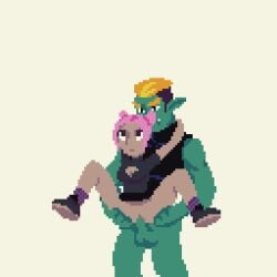 animated carrying carrying_partner drawfee drawfee_(copyright) drawtectives fantasy fun_bun gyorik_rogdul larger_male legs_spread loop looping_animation orc orc_male partially_clothed penetration pink_hair pixel_animation pixel_art rosé_(drawtectives) vaginal_penetration