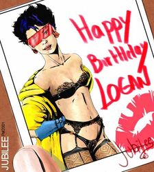 2001 asian blue_hair earrings female jubilee lingerie marvel pat posing short_hair straight_hair tagme wink x-men