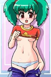 blush breasts curvy cyan_hair duplica_(pokemon) hips human human_only imite_(pokemon) konpeto nintendo panties pants_down pokemon red_eyes shirt_lift small_breasts smile striped_panties underboob