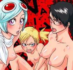 3girls angry ascot big_breasts black_hair bleach blonde_hair blue_eyes blue_hair blush braid breast_size_difference breasts female female_only flat_chest freckles glasses green_hair hair_ornament hairclip hiyori_sarugaki kuna_mashiro lisa_yadomaru merry_program multiple_girls nude open_mouth pink_eyes red_eyes sarugaki_hiyori school_uniform schoolgirl seifuku short_black_hair short_hair side_ponytail single_braid sitting small_breasts visored yadoumaru_lisa