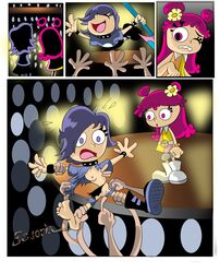 2girls ami_onuki audience blue_hair cartoon_network crowd_surfing escoria female footwear guitar hi_hi_puffy_amiyumi human instrument multiple_girls musical_instrument neckwear partial_male public ripped_clothing tagme torn_clothing wristwear yumi_yoshimura