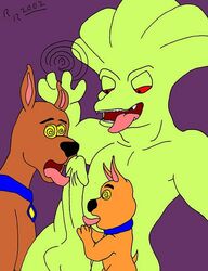 2002 alien animal anthro canine dog fellatio green_skin hanna-barbera hypnosis male_only mind_control penis rave_roo red_eyes scooby-doo scooby-doo_(character) scrappy-doo swirly_eyes tongue_out