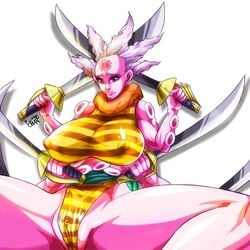 anthro breasts cameltoe dual_wielding erect_nipples female female_only fish hatchan huge_breasts leotard looking_at_viewer multi_arm multi_limb nipples octopus one_piece pink_skin rule_63 simple_background solo spiked_hair spread_legs sword tattoo turtlechan weapon white_hair