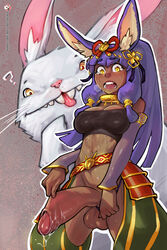 animal_ears balls bbc-chan big_balls big_penis blush breasts bunny_ears cleavage clothed clothing dark-skinned_futanari dark_skin detached_sleeves dickgirl etrian_odyssey futa_only futanari huge_cock intersex kemonomimi midriff penis precum purple_hair sweat tank_top testicles uncut yellow_eyes