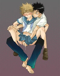 2boys abe_takaya anal ass blush bottomless crossdressing crossdressing cum cum_in_clothes cum_on_clothes cumdrip erection fingering male mihashi_ren multiple_boys ookiku_furikabutte penis ren_mihashi school_uniform skirt spread_legs takaya_abe yaoi