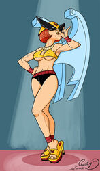 birdgirl_(character) birdman_(series) black_panties bra breasts chesty_larue erect_nipples female hair harvey_birdman_attorney_at_law judy_ken_sebben mask masked medium_breasts navel nipples red_hair short_hair wings yellow_bra