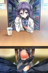 akaza cellphone footjob may-be_soft purple_eyes purple_hair stockings sweater under_the_table