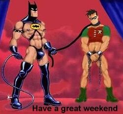 2boys abs age_difference batman batman:_the_animated_series batman_(series) batman_symbol bondage boots bottomless bruce_wayne chains collar cowl curtains dc dc_comics dcau dick_grayson domino_mask erect_nipples gay gloves harness hiding_penis leash leash_and_collar male male_only malesub muscular muscular_male nipple_rings older_dom_younger_sub pecs pierced_nipples red_clouds robin_(dc) robin_(dick_grayson) sex_slave shirt_up spiked_armlet spurs thigh_boots thong whip wrist_cuffs yaoi