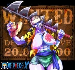 abs anthro arlong blue_eyes blue_skin bracelet breasts breasts_out cameltoe earrings female female_only fish grin hat huge_breasts long_hair muscle muscular_female one_piece open_clothes open_shirt rule_63 sash shark shirt shorts solo standing tattoo torn_shorts turtlechan weapon