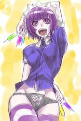 2chan crazy_eyes drugged drugs futaba futaba_channel lingerie maid nijiura_maids open_mouth panties pubic_hair purple_eyes purple_hair stoned striped striped_legwear striped_thighhighs syringe thighhighs underwear yakui