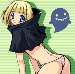 ass bleach blonde_hair blue_eyes blush butt_crack ghost hoodie leaning_forward looking_back lowres no_pants panties pink_panties ririn shadow smile solo standing striped striped_panties underwear