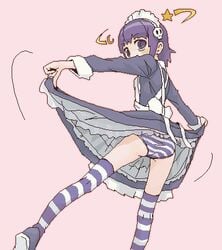 1girls 2chan dress_lift female female_focus female_only futaba futaba_channel lowres maid maid_uniform nijiura_maids oekaki panties purple_hair purple_striped_panties short_hair short_purple_hair striped striped_legwear striped_panties striped_thighhighs thighhighs underwear yakui