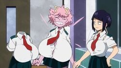 alternate_breast_size big_breasts button_down_shirt button_gap edit flailing gigantic_breasts hagakure_tooru_(invisible) hanging_breasts horns huge_breasts kyoka_jiro large_breasts mina_ashido my_hero_academia school_uniform screenshot screenshot_edit tooru_hagakure tooru_hagakure_(invisible) uniform