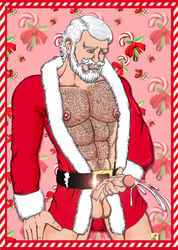 1boy 1male abs artist_signature balls ballsack beard blue_eyes body_hair bottomless christian_(artist) christmas cum cumshot erection facial_hair hairy_male human male male_nipples male_only masturbation muscles muscular_male mustache open_shirt penis santa_claus santa_jacket scrotum solo testicles veiny_penis white_hair