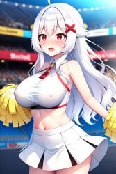 1girls ai_generated alufliniy busty cheerleader cheerleader_outfit cheerleader_uniform cheerleading_pose erect_nipples erect_nipples_under_clothes erispheria female_focus hair_ornament nervous nipples red_eyes twitch twitter visible_nipples vtuber vtuberfanart white_hair wide_hips youtube youtube_hispanic