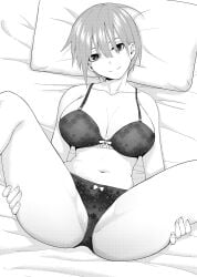 ass_visible_through_thighs bare_arms bare_belly bare_legs bare_shoulders bare_thighs bed bed_sheet belt big_breasts black_and_white bow_bra bow_panties bra breasts cleavage closed_mouth collarbone go-toubun_no_hanayome hands_on_own_thighs kosmos_beta lace_bra lace_panties lying nakano_ichika panties short_hair smile spread_legs thighs underwear underwear_only