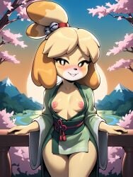 ai_generated animal_crossing blush exposed_breasts exposing_chest female_focus furfantastic furry isabelle_(animal_crossing) kimono small_breasts solo_female