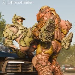 2boys 3d anal anal_sex armor armored_boots armored_male artist_name ass car cat_ears doom doom_slayer_(doom) gay gay_male halo halo_(game) halo_(series) homohimbo hunk master_chief masturbation muscle muscles penis