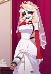 1futa ai_generated black_lipstick charlie_morningstar_(hazbin_hotel) cock_ring dress eyeshadow futanari hazbin_hotel lipstick lipstick_on_penis lipstick_ring penis_under_clothes penis_under_dress ring smug wedding wedding_cock_ring wedding_dress wedding_veil