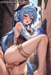 1boy 1girls against_wall ai_generated barefoot blue_hair blush from_behind_position ganyu_(genshin_impact) genshin_impact highres horn hoyoverse long_hair malth medium_breasts mihoyo moaning one_leg_raised one_leg_up purple_eyes sex sex_from_behind standing standing_on_one_leg standing_sex thick_thighs vagina vaginal_penetration vaginal_sex wet_pussy