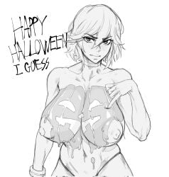 1girls areolae big_breasts halloween huge_breasts kill_la_kill looking_at_viewer matoi_ryuuko monochrome nipples pumpkin sketch supersolenoid tagme