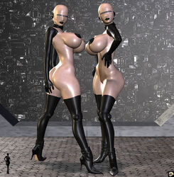 2girls 3d android back_view bald bare_shoulders big_breasts black_lips busty butt_crack cleavage curvy detailed_background erect_nipple erect_nipples eyelashes female female_only front_view hand_on_hip hands_on_hip hands_on_hips high_heels hourglass_figure humanoid looking_at_viewer multiple_females multiple_girls naked nude pose posing shadow shiny shiny_skin sideboob standing v4enru voluptuous wide_hips xskullheadx