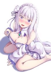 1girls blush breast_focus breasts cleavage elf elf_ears elf_female emilia_(re:zero) large_breasts light-skinned_female light_skin looking_at_viewer purple_eyes re:zero_kara_hajimeru_isekai_seikatsu silver_hair sitting solo thick_thighs white_background