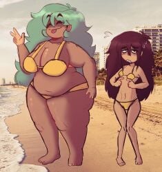 2girls beach bikini blue_hair brown_hair chubby chubby_female compact_body embarrassed fat feet female friday_night_funkin friday_night_funkin_mod gordibuena lazycumlol lazypunkng neet neetblue nervous nervous_smile peace_sign shy size_difference skinny skinny_girl skyblue skyblue_(friday_night_funkin) skyblue_(neet_form) skyverse swimsuit tagme tongue_out twitter yellow_bikini