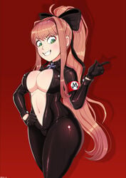 1girls big_breasts bodysuit breasts busty child_bearing_hips cleavage doki_doki_literature_club evil_grin female female_only hand_on_hip hips large_breasts latex monika_(doki_doki_literature_club) navel nazi no_bra open_clothes ponytail pose posing sensual shadman smile solo text thick_thighs thighhighs thighs toned unzipped unzipped_bodysuit voluptuous watermark wide_hips