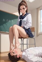 ai_generated ayase_momo barefoot brown_hair classroom dandadan dominant_female female_domination femdom foot_fetish foot_gagging foot_in_mouth foot_slave foot_suck foot_worship lsfemdomart ponytail school_uniform schoolgirl submissive_male