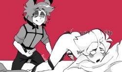 alastor_(hazbin_hotel) bed blush clothed clothing cum gay gay_domination gay_sex handjob hazbin_hotel lucifer_morningstar_(hazbin_hotel) manga_style masturbating masturbation pleasure_face red_background tentacle tentacle_sex text twink voyeur voyeurism