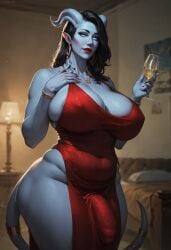 ai_generated alcohol alcoholic_drink areola_slip areolae_slip bad_hands big_breasts black_hair blue_eyes blue_skin bottomless bottomless_futanari bulge bulge_through_clothing bulge_under_clothes chubby chubby_futanari cleavage cleavage_dress draenei draenei_futa dress drink earrings flaccid flaccid_cock flaccid_penis futa_bulge futanari glass gold_(metal) gold_dress gold_jewelry hoop_earrings horns huge_breasts jewelry lamp lipstick looking_at_viewer mascara nipple_bulge no_panties no_panties_under_dress red_dress red_lipstick sharp_ears side_slit side_slit_dress tail tail_accessory thick_thighs thighs tight_clothing tight_dress