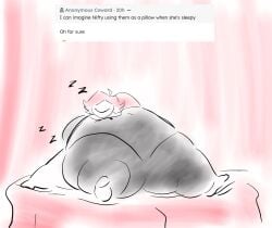 artist_request charlie_morningstar_(hazbin_hotel) hazbin_hotel huge_belly laying laying_on_back niffty obese obese_female overweight overweight_female sleeping sleeping_on_person smuush tagme