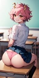 ai_generated looking_at_viewer mina_ashido my_hero_academia naughtyangelx panties pink_panties school_uniform sitting skirt_lift