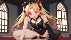 1girls ai_generated asymmetrical_legwear bedroom black_dress blonde_hair cowgirl_position cum_in_pussy dress earrings ereshkigal_(fate) fate/grand_order fate_(series) female glowing_eyes hair_ribbon jewelry leaning_forward long_hair medium_breasts moaning on_bed open_mouth parted_bangs pov red_eyes red_ribbon ribbon saliva sex single_sleeve single_thighhigh small_breasts solo_focus thighhighs tiara two_side_up uncensored uneven_legwear very_long_hair