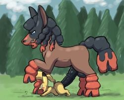 anal animal_genitalia animal_penis balls equine_genitalia equine_penis feral generation_1_pokemon generation_7_pokemon genitals hi_res male mudsdale nintendo penis pikachu pokemon pokemon_(species) sarek_aran_desian size_difference