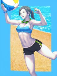 abs armpit beach beach_ball bellhenge boyshorts bracelet breasts cleavage female female_only goggles gray_hair grey_eyes grey_hair large_breasts navel nintendo outdoors ponytail short_shorts shorts solo toned volleyball wii_fit wii_fit_trainer