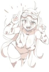 2024 bent_over big_breasts breasts cleavage collar cow_print cow_print_bikini cowbell_collar dadadaeki00 danganronpa danganronpa_v3 female female_focus female_only goggles goggles_on_head iruma_miu sketch sleeves thighhighs thighs white_background