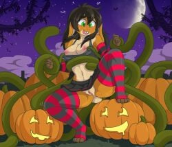 anthro areola biped black_hair breasts elemental_creature female flora_fauna food fruit genitals green_eyes hair helsy hi_res jack-o'-lantern lagomorph leporid mammal moon nipples plant pumpkin pussy rabbit restrained tentacle